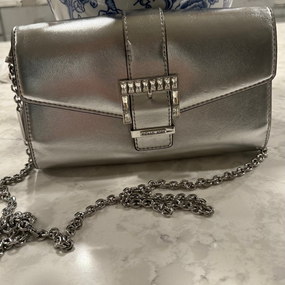 Michael Kors Silver Metallic Wristlet with Studded Clasp